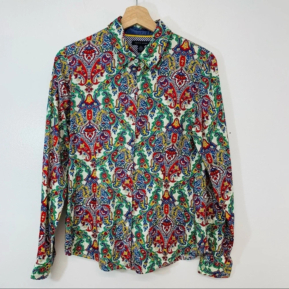 Tommy Hilfiger Blouse Woman Medium Colorful Button Up Cotton Floral Office Retro
